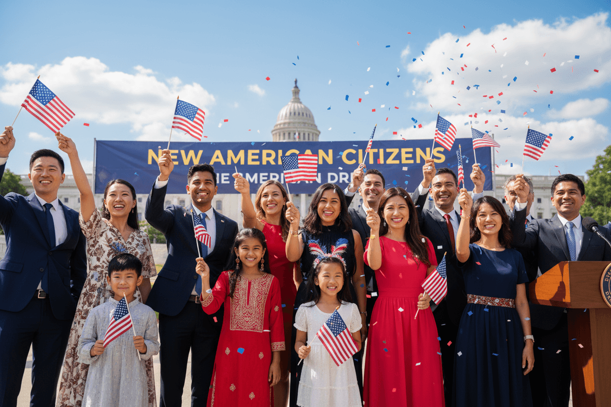 New citizens celebrating successful naturalization