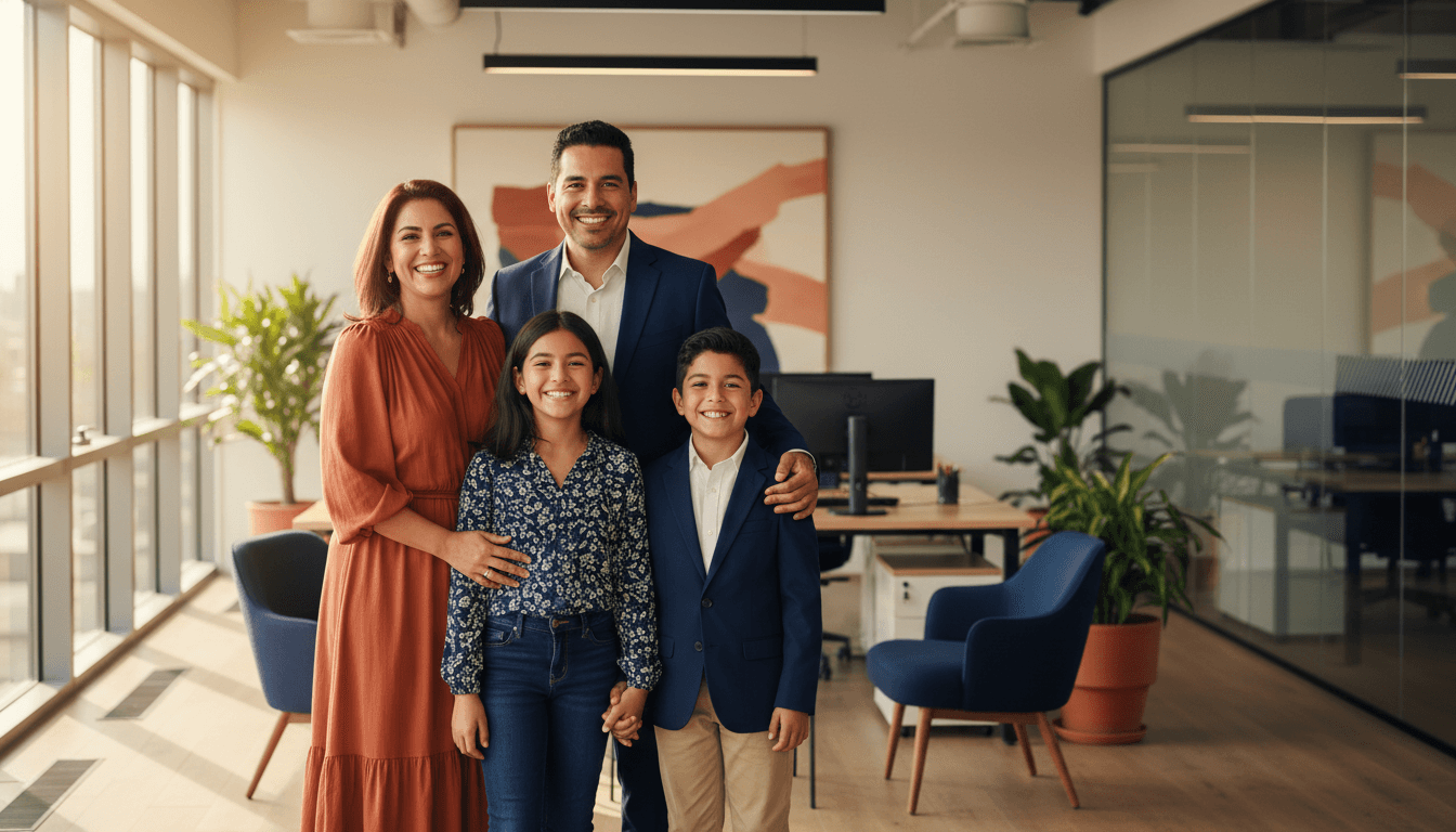 Happy Hispanic family receiving immigration consultation services